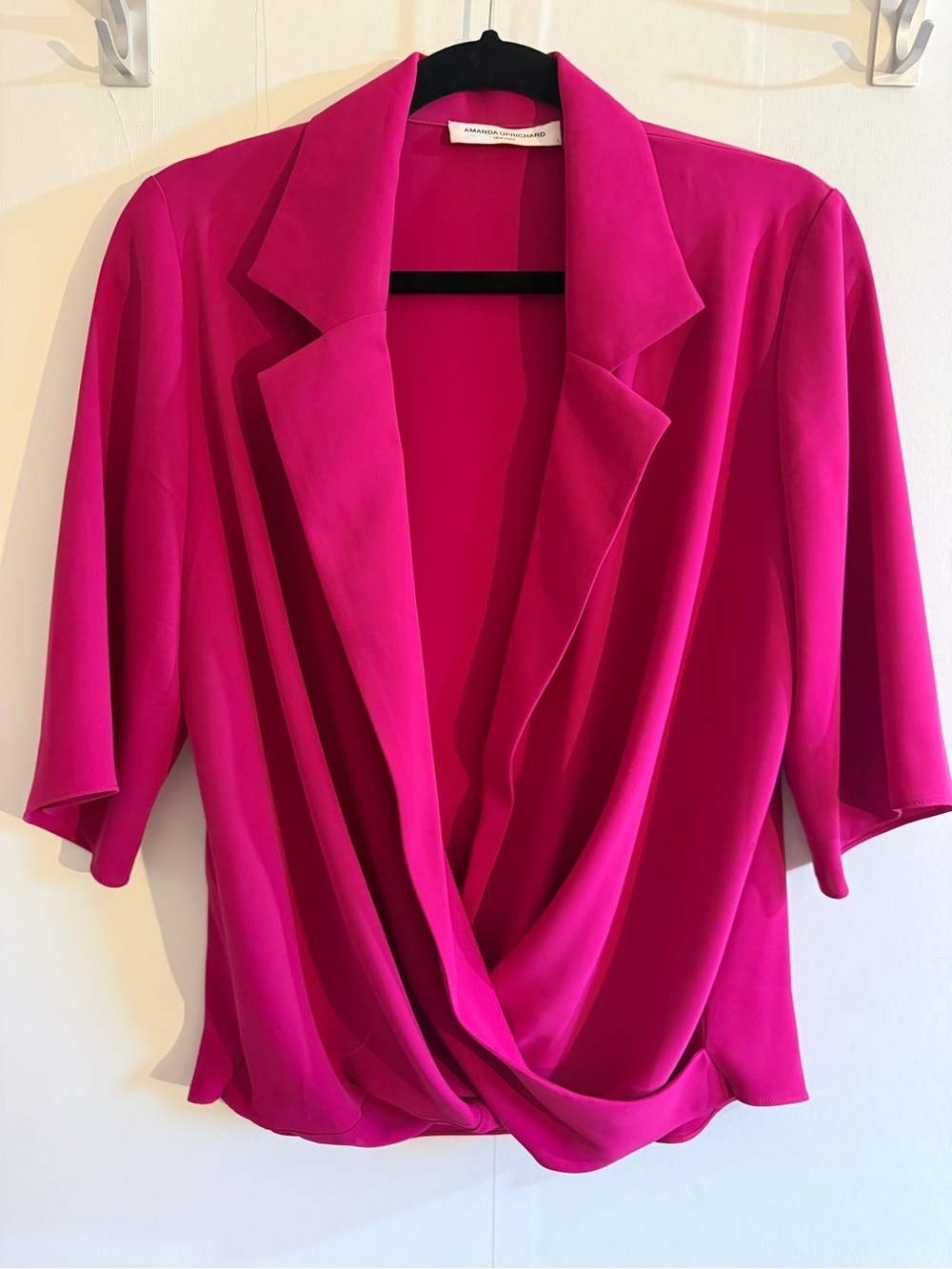 Amanda Uprichard Hot Pink Faux Wrap Blouse Size L Draped 3/4 Sleeve Made USA